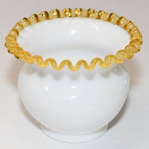 Vintage 5" Fenton Hand Blown Glass White Ball Vase with Crimped Gold Crest